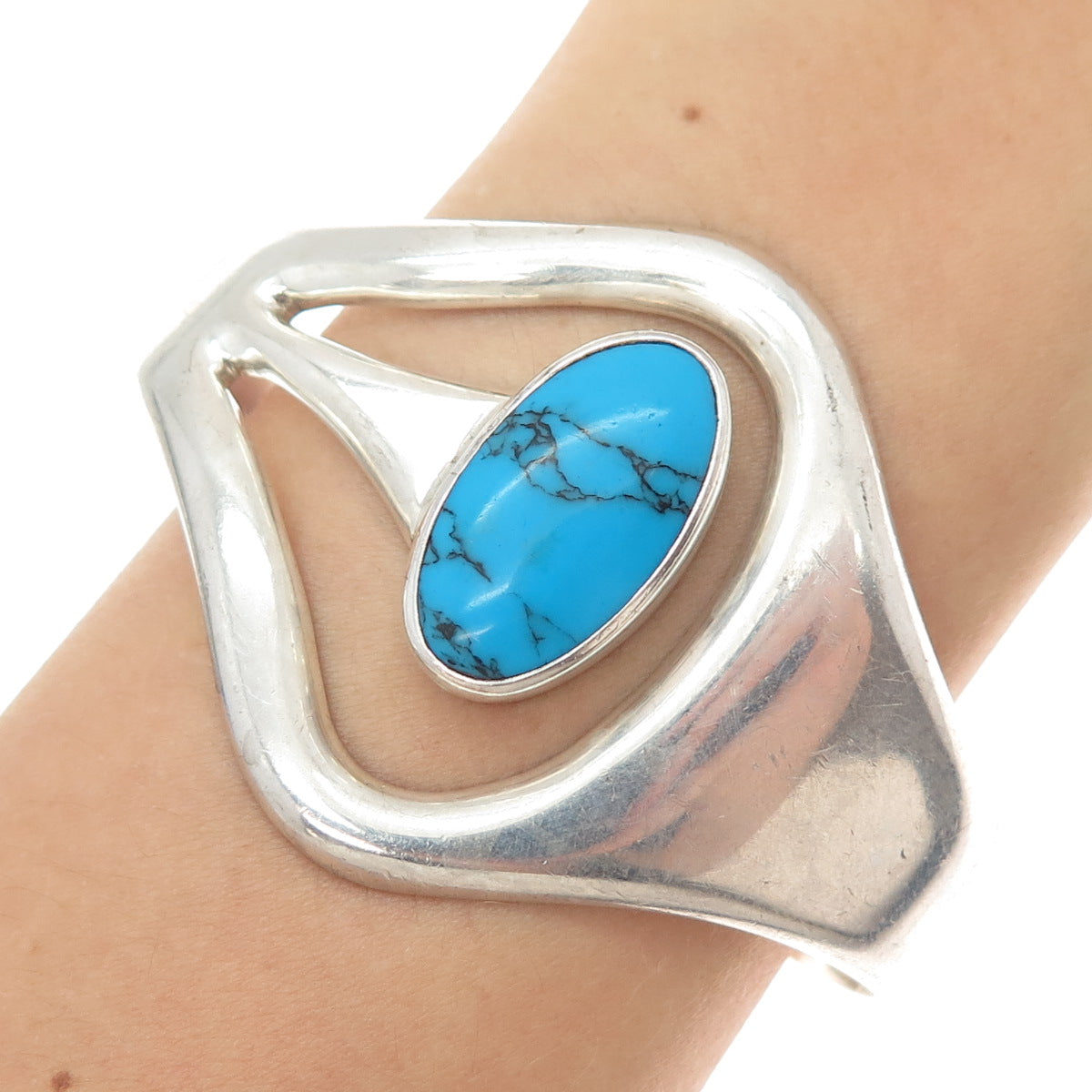 925 Sterling Silver Vintage Mexico Turquoise Modernist Bangle Bracelet 7.25"