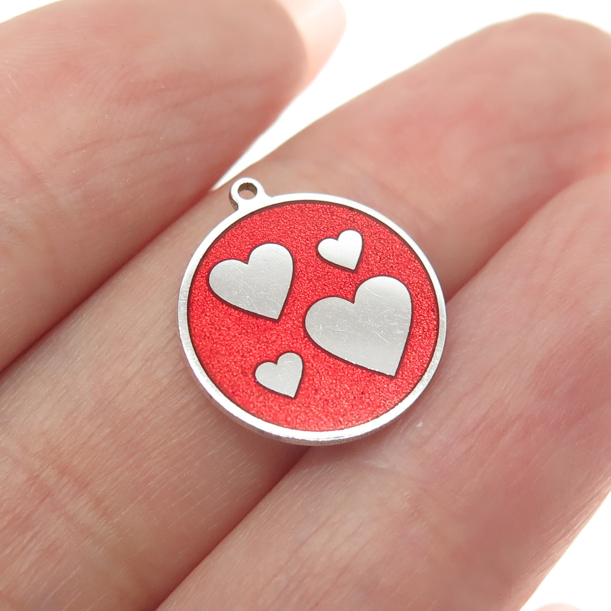 925 Sterling Silver Red Enamel Heart Round Tag Minimalist Charm Pendant