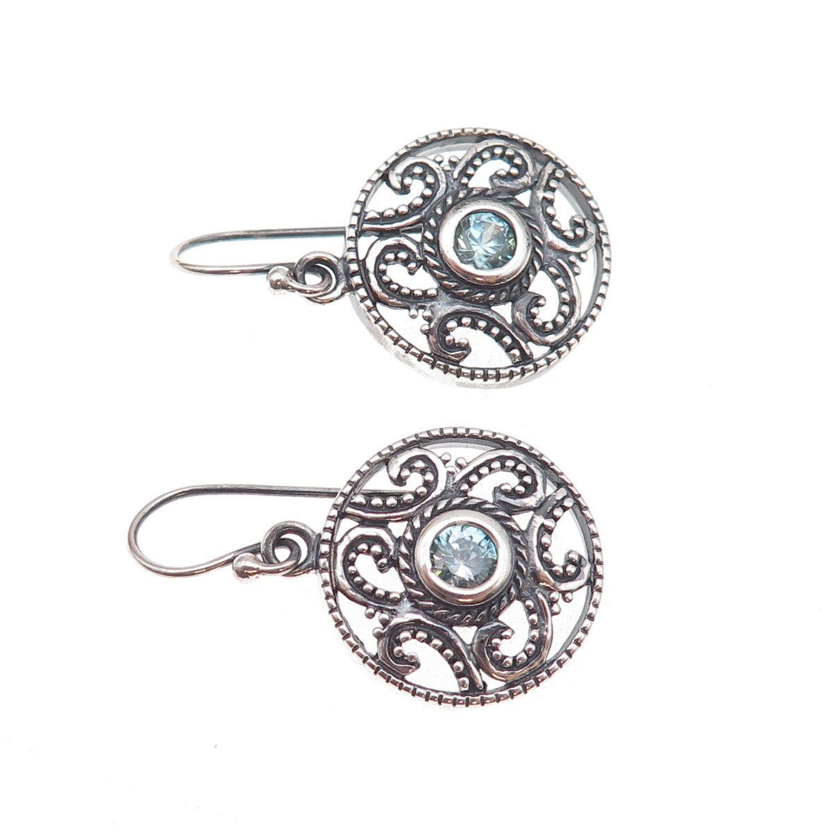 925 Sterling Silver Vintage Real Blue Topaz Floral Scroll Dangle Earrings