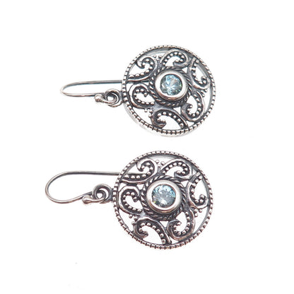 925 Sterling Silver Vintage Real Blue Topaz Floral Scroll Dangle Earrings