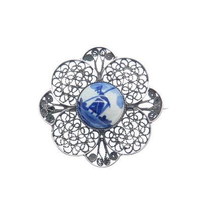 DELFT 835 Silver Vintage Netherlands Ceramic Old Mill Filigree Pin Brooch
