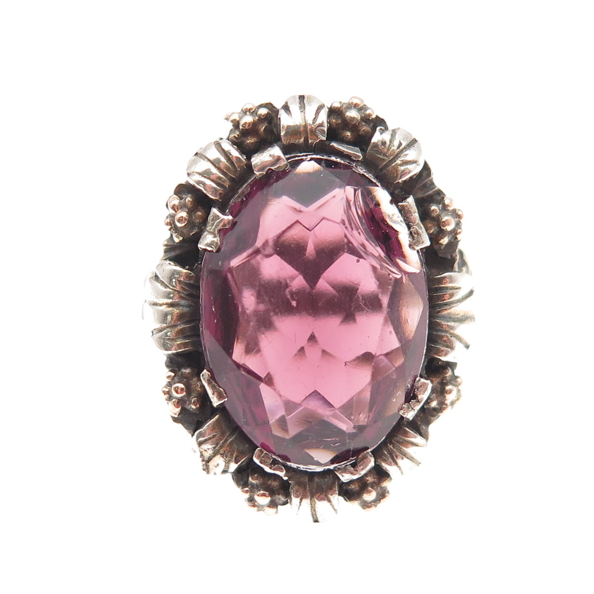 925 Sterling Silver Antique Victorian Purple Rhinestone Oxidized Ring Size 5