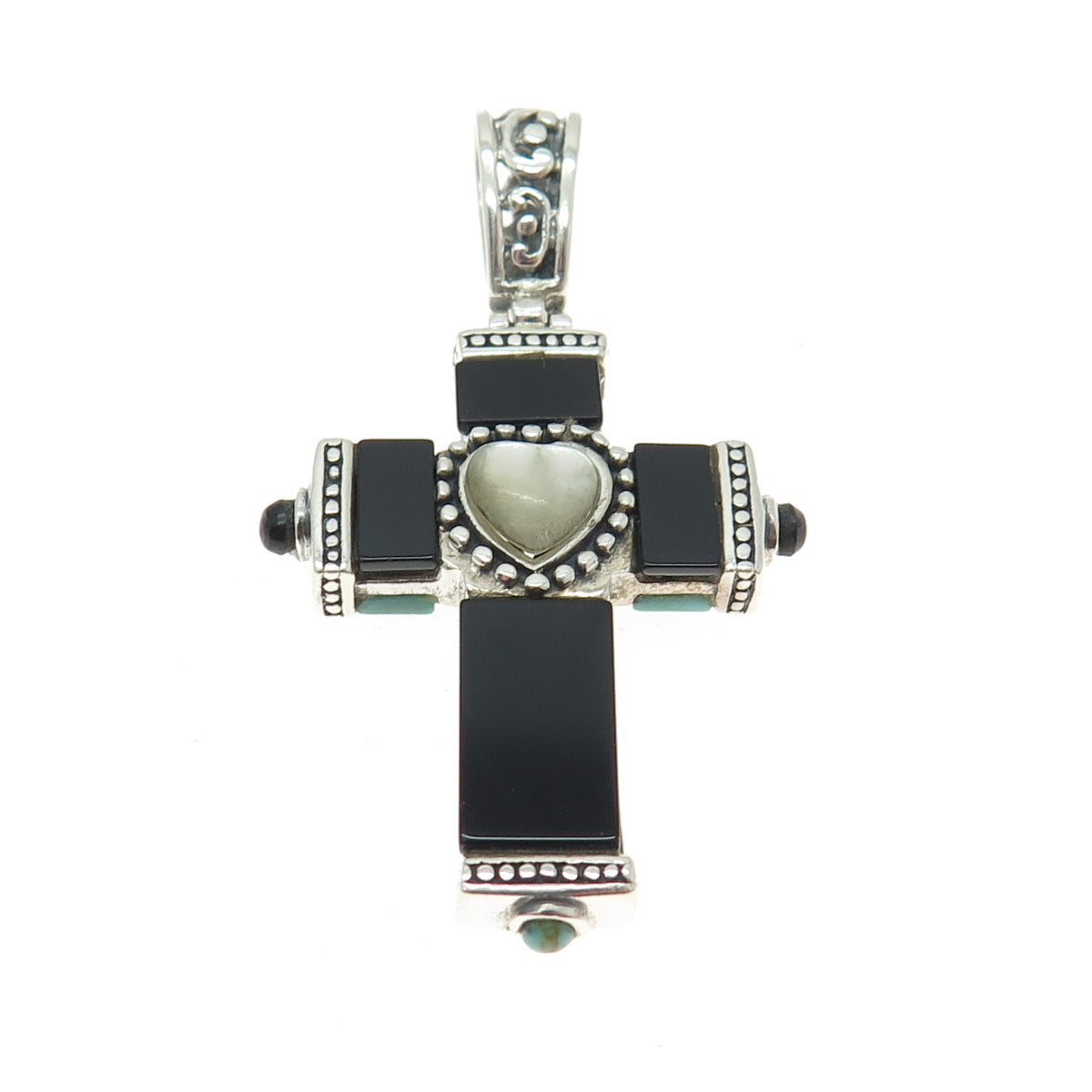 925 Sterling Silver Vintage MOP Black Onyx Turquoise Cross Dual Sided Pendant