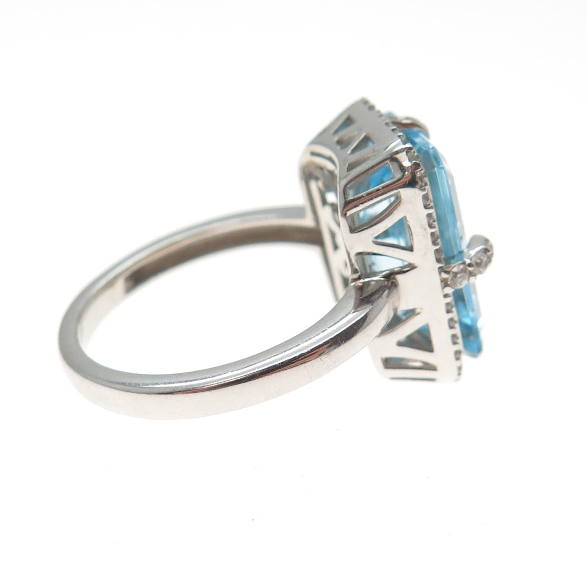 DSMK 925 Sterling Silver Real Emerald-Cut Blue Topaz & C Z Ring Size 7.5