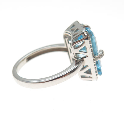 DSMK 925 Sterling Silver Real Emerald-Cut Blue Topaz & C Z Ring Size 7.5