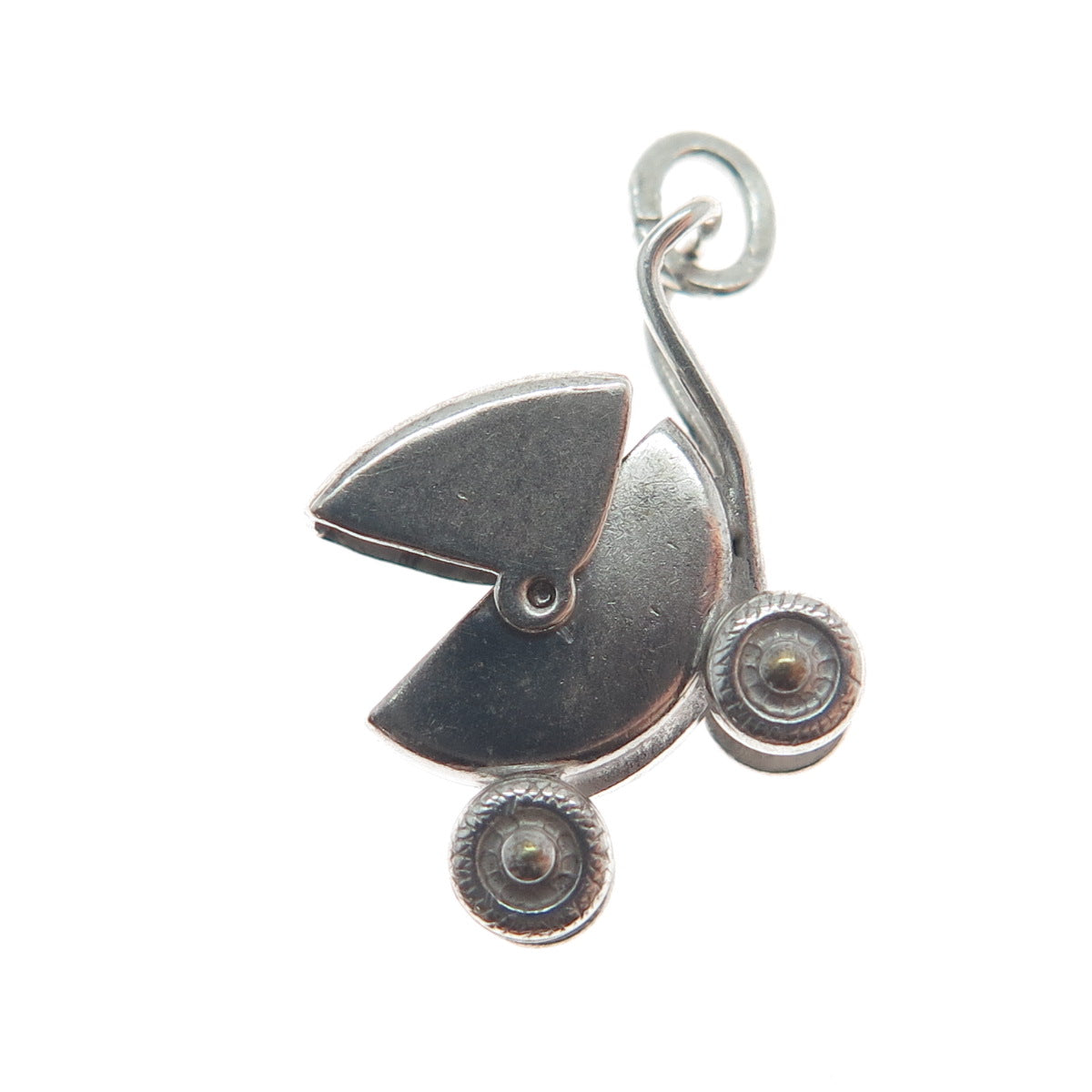 CARL ART 925 Sterling Silver Antique Baby Carriage Minimalist 3D Charm Pendant
