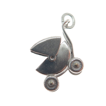 CARL ART 925 Sterling Silver Antique Baby Carriage Minimalist 3D Charm Pendant