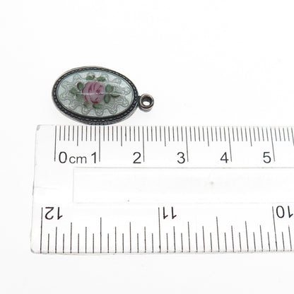 925 Sterling Silver Antique Enamel Rose Flower St. Mary Jesus Mini Slide Pendant