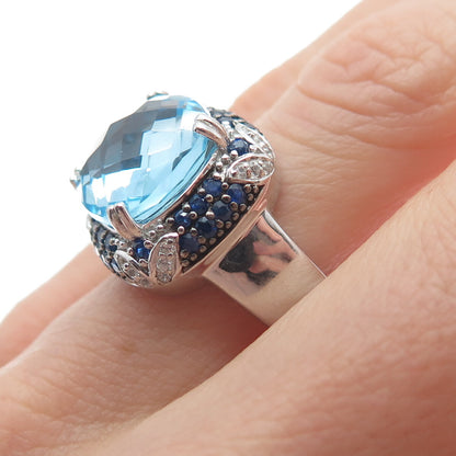 DSMK 925 Sterling Silver Checkered Blue & White Topaz Sapphire Gem Ring Size 7