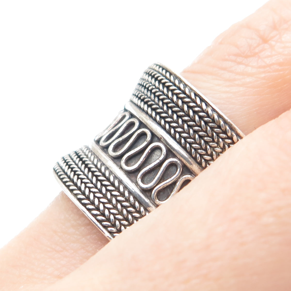 925 Sterling Silver Vintage Wheat & Wavy Oxidized Adjustable Cuff Ring Size 8