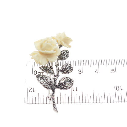 925 Sterling Antique Germany Real Marcasite Rose Pin Brooch (missing 5 stones)
