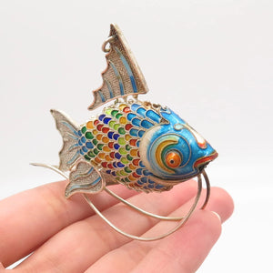 925 Sterling Silver Antique Enamel Chinese Articulated Koi Fish Chatelaine Fob