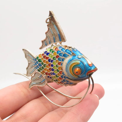 925 Sterling Silver Antique Enamel Chinese Articulated Koi Fish Chatelaine Fob
