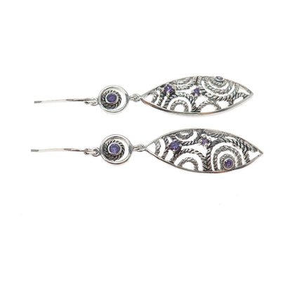 925 Sterling Silver Vintage Real Amethyst Ornate Oxidized Dangle Earrings