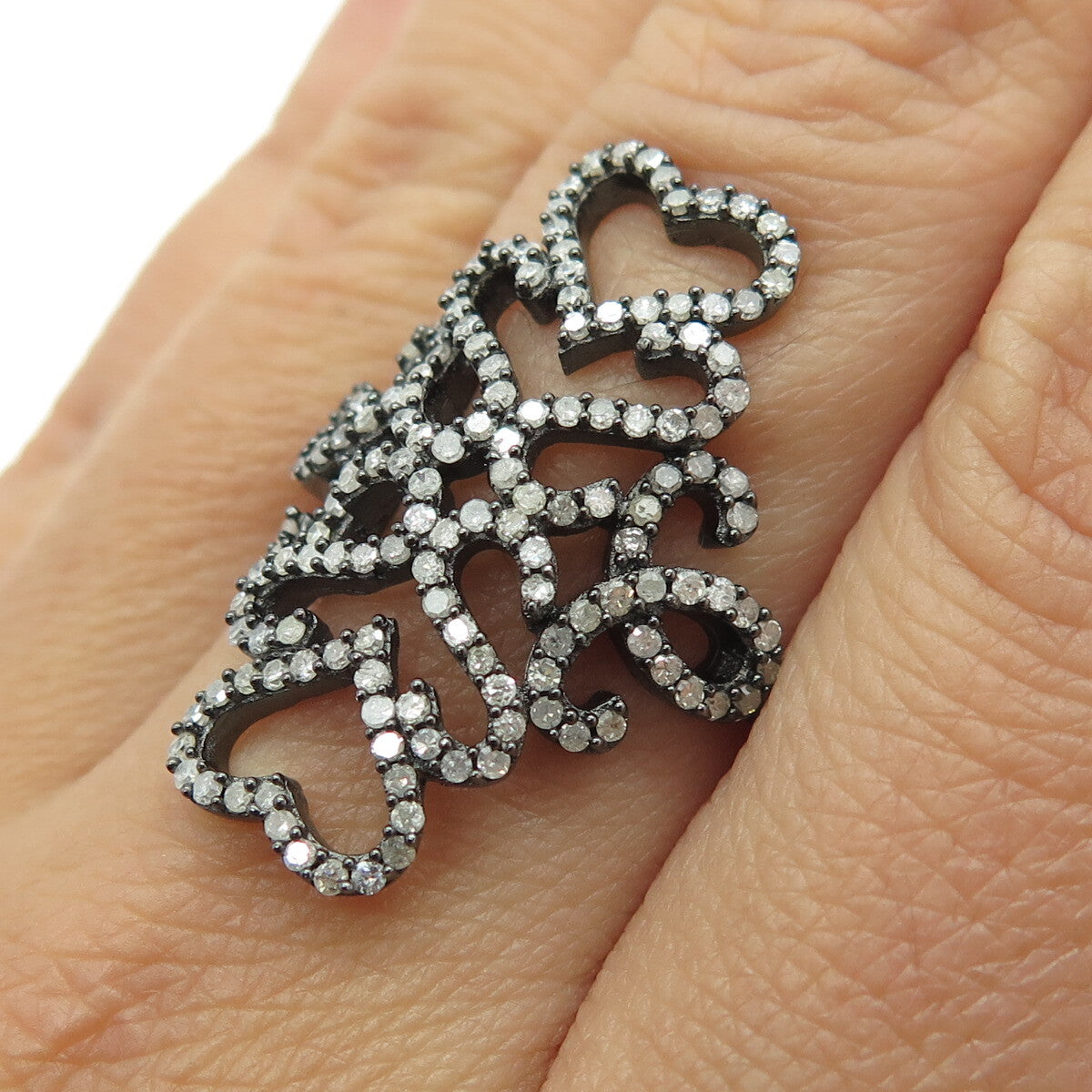 925 Sterling Silver Round-Cut Diamond Heart Floral Black Rhodium Ring Size 8.25