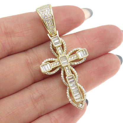 925 Sterling Silver Gold Plated Baguette & Round-Cut Cross Pendant