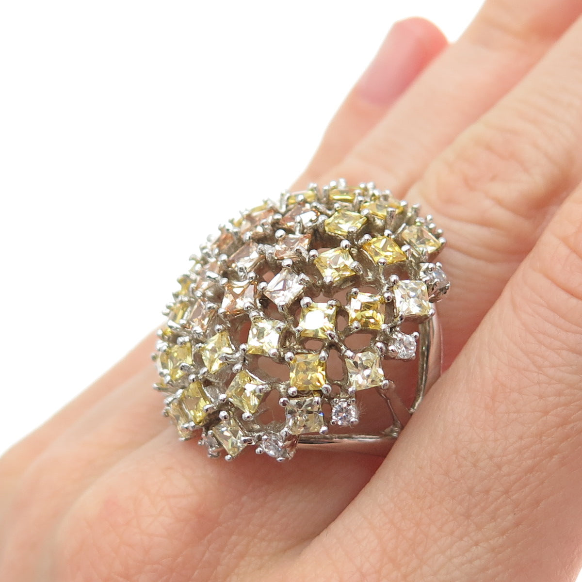 925 Sterling Silver Princess-Cut Champagne & Canary C Z Dome Ring Size 7.25