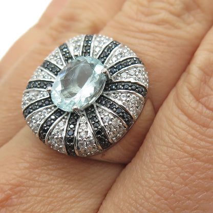 925 Sterling Silver Real Blue & White Topaz Black Spinel Ring Size 8