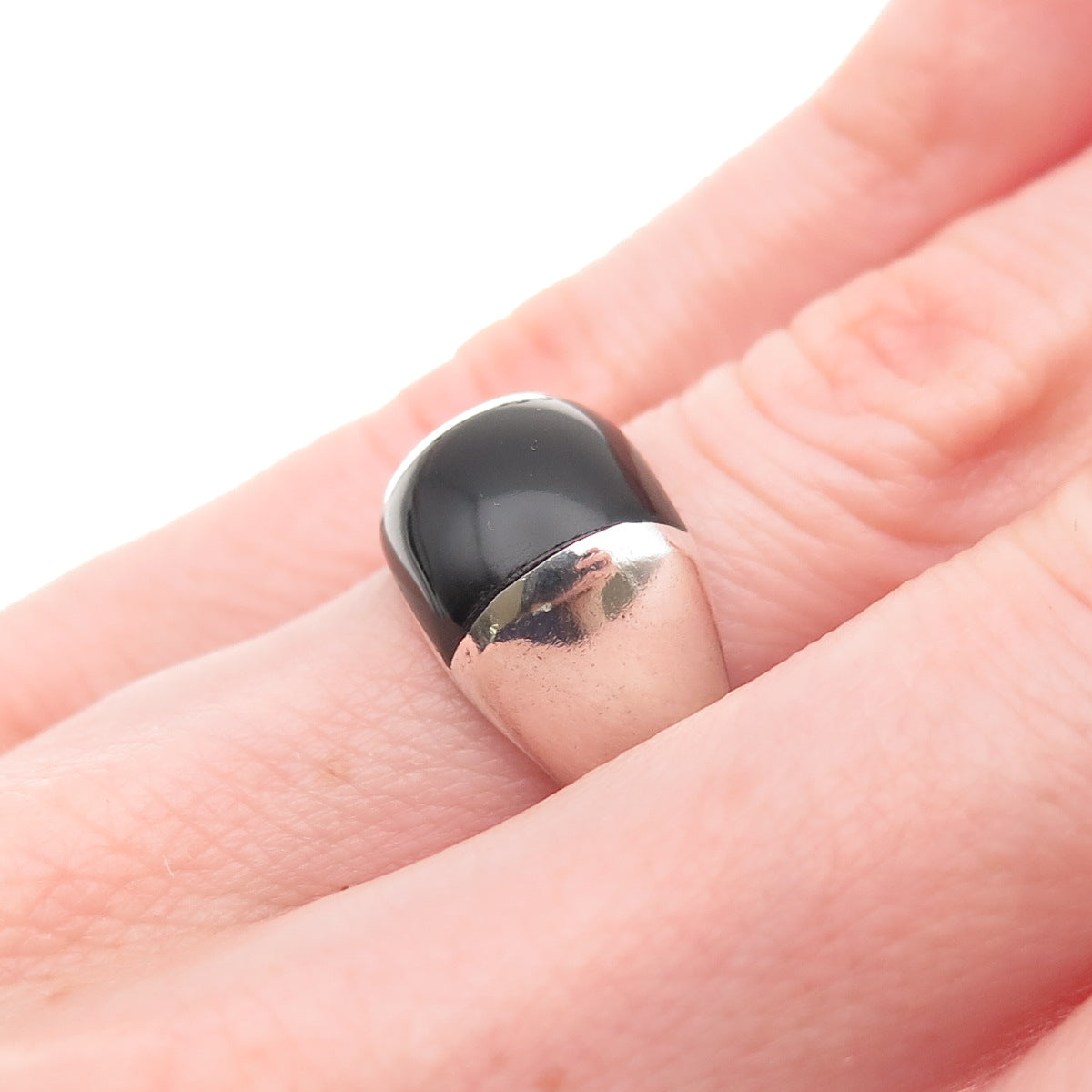 925 Sterling Silver Vintage Real Black Onyx Modernist Ring Size 6