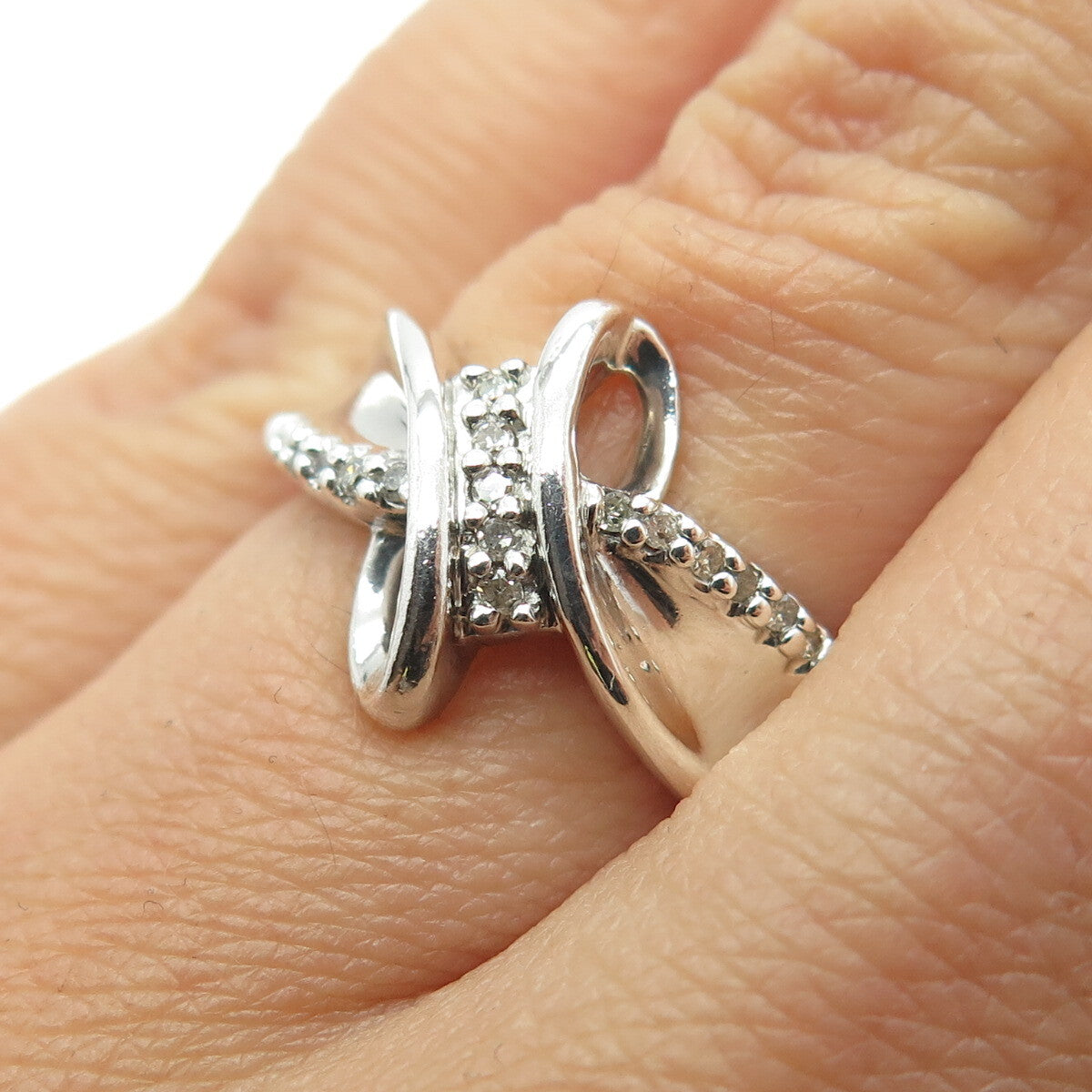SUN 925 Sterling Silver Real Round-Cut Diamond Bypass Ring Size 5.75