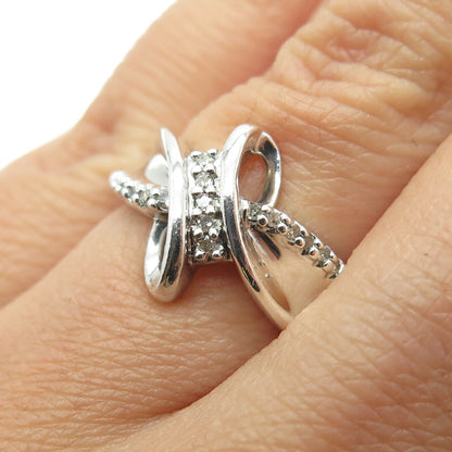 SUN 925 Sterling Silver Real Round-Cut Diamond Bypass Ring Size 5.75