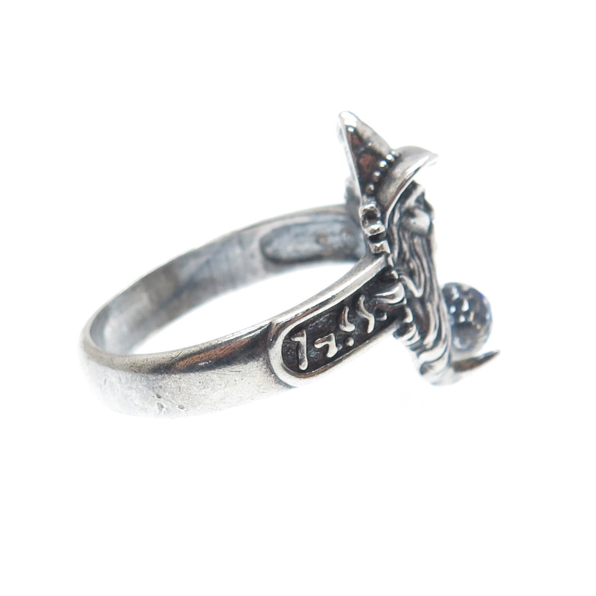 SHUBE 925 Sterling Silver Vintage Blue Glass Wizard Oxidized Ring Size 11.75
