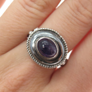 925 Sterling Silver Vintage Real Amethyst Modernist Oxidized Ring Size 7.25