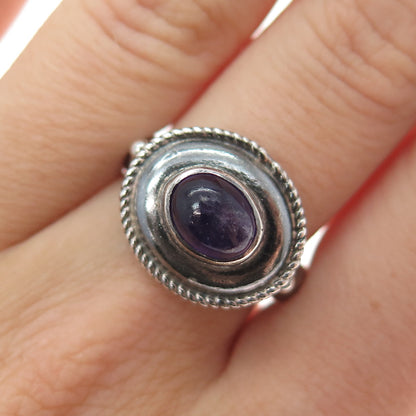 925 Sterling Silver Vintage Real Amethyst Modernist Oxidized Ring Size 7.25