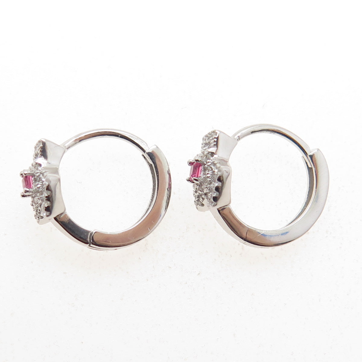 925 Sterling Silver Pink Princess-Cut & White Round-Cut Shaped C Z Hoop Earrings