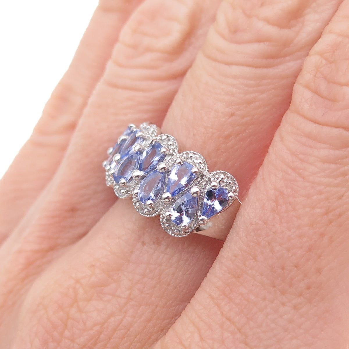 925 Sterling Silver Real Tanzanite & White Topaz Ring Size 8