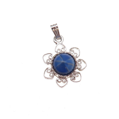 925 Sterling Silver Antique Art Deco Lab-Created Star Sapphire Floral Pendant