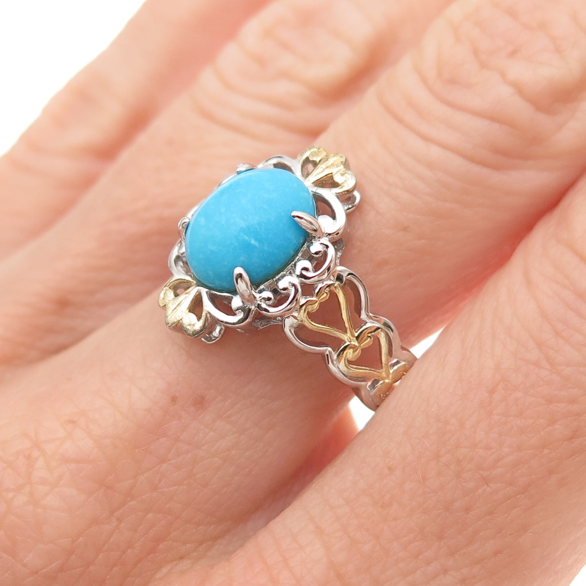 925 Sterling Silver 2-Tone Real Sleeping Beauty Turquoise Floral Ring Size 8.25