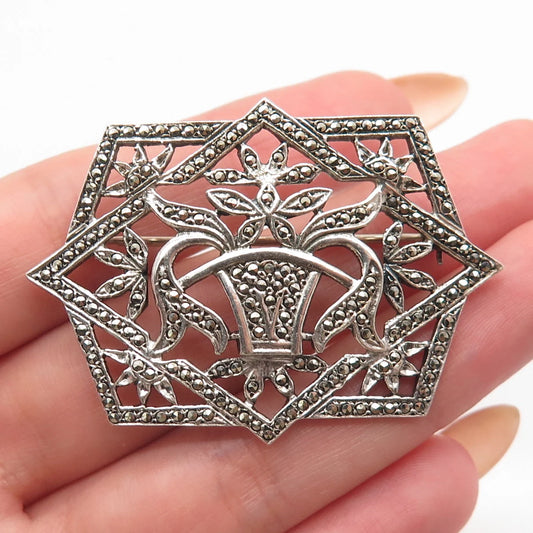 925 Sterling Silver Vintage Real Marcasite Gem Floral Pin Brooch