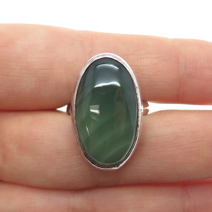 925 Sterling Silver Vintage Real Cabochon Green Agate Modernist Ring Size 6