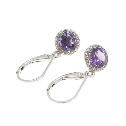 925 Sterling Silver Real Amethyst Gemstone & C Z Dangle Earrings