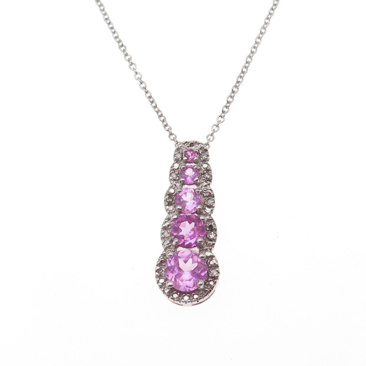 925 Sterling Silver Real Diamond & Pink Topaz Cable Chain Necklace 18"