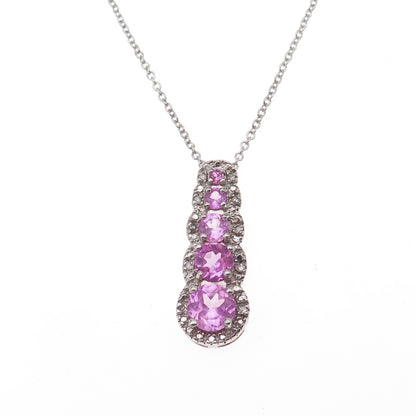 925 Sterling Silver Real Diamond & Pink Topaz Cable Chain Necklace 18"