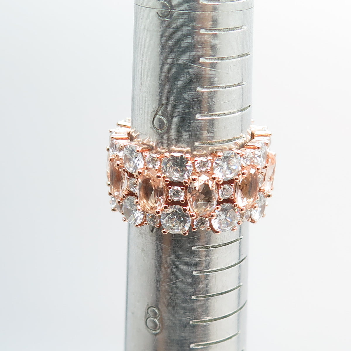 925 Sterling Silver Rose Gold Plated Real Morganite & C Z Wide Band Ring Size 7