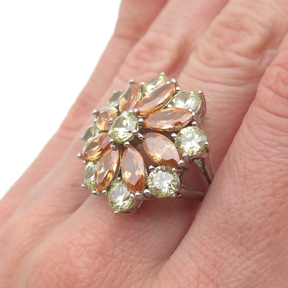 925 Sterling Silver Marquise-Cut Orange & Round-Cut Green C Z Ring Size 7.25