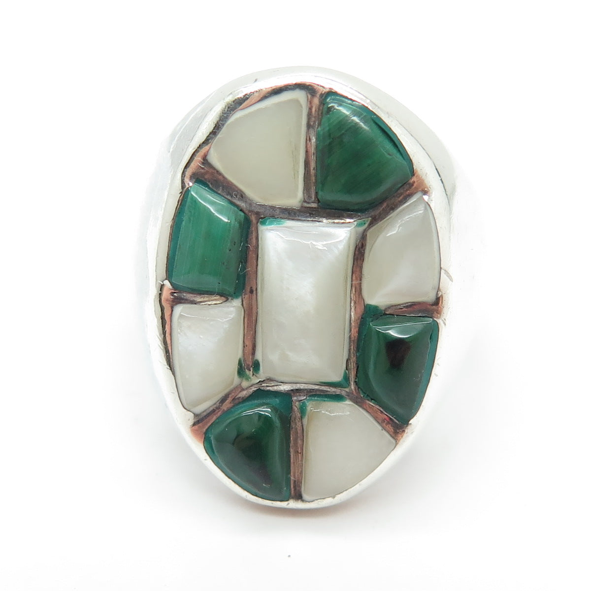 925 Sterling Silver Vintage Real Mother-of-Pearl & Malachite Gem Ring Size 10