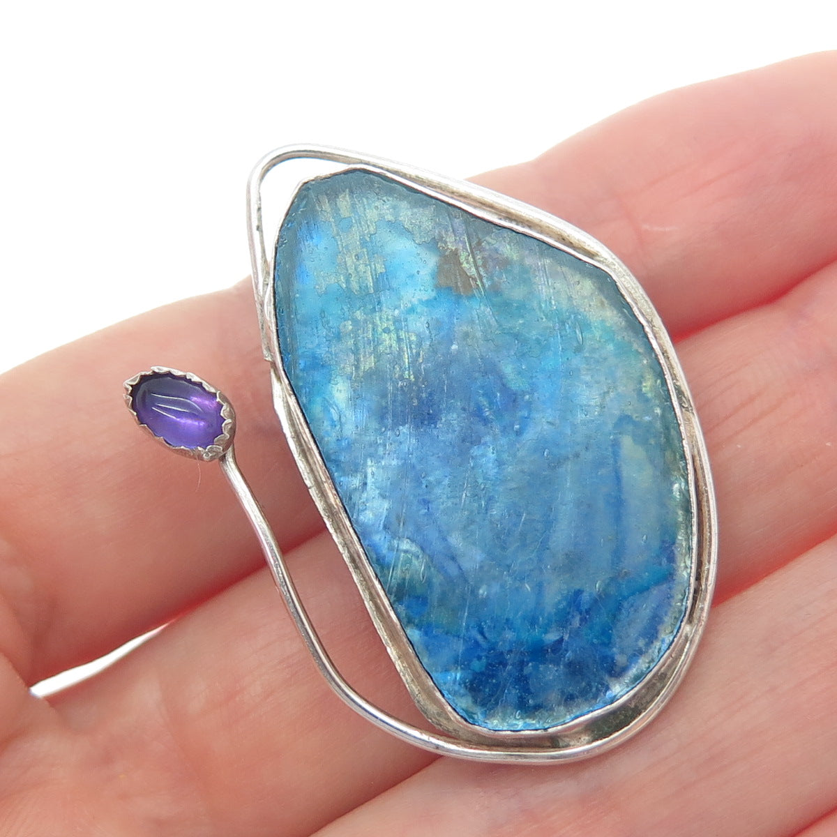 VACA CODI 925 Sterling Silver Vintage Real Amethyst & Roman Glass Brooch Pendant
