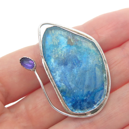 VACA CODI 925 Sterling Silver Vintage Real Amethyst & Roman Glass Brooch Pendant