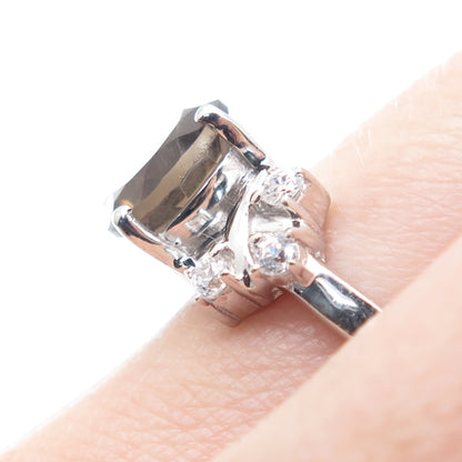 925 Sterling Silver Real Round-Cut Smoky Quartz & C Z Ring Size 8