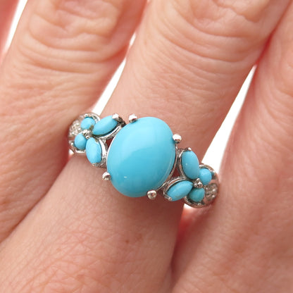 925 Sterling Silver Real Sleeping Beauty Turquoise & White Topaz Ring Size 8
