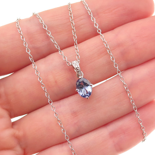 925 Sterling Silver Real Tanzanite & White Topaz Cable Chain Necklace 16-18"