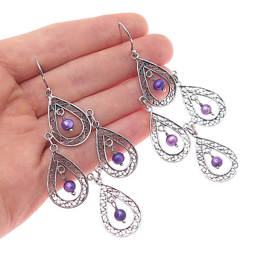 925 Sterling Silver Vintage Real Tahitian Pearl Filigree Chandelier Earrings