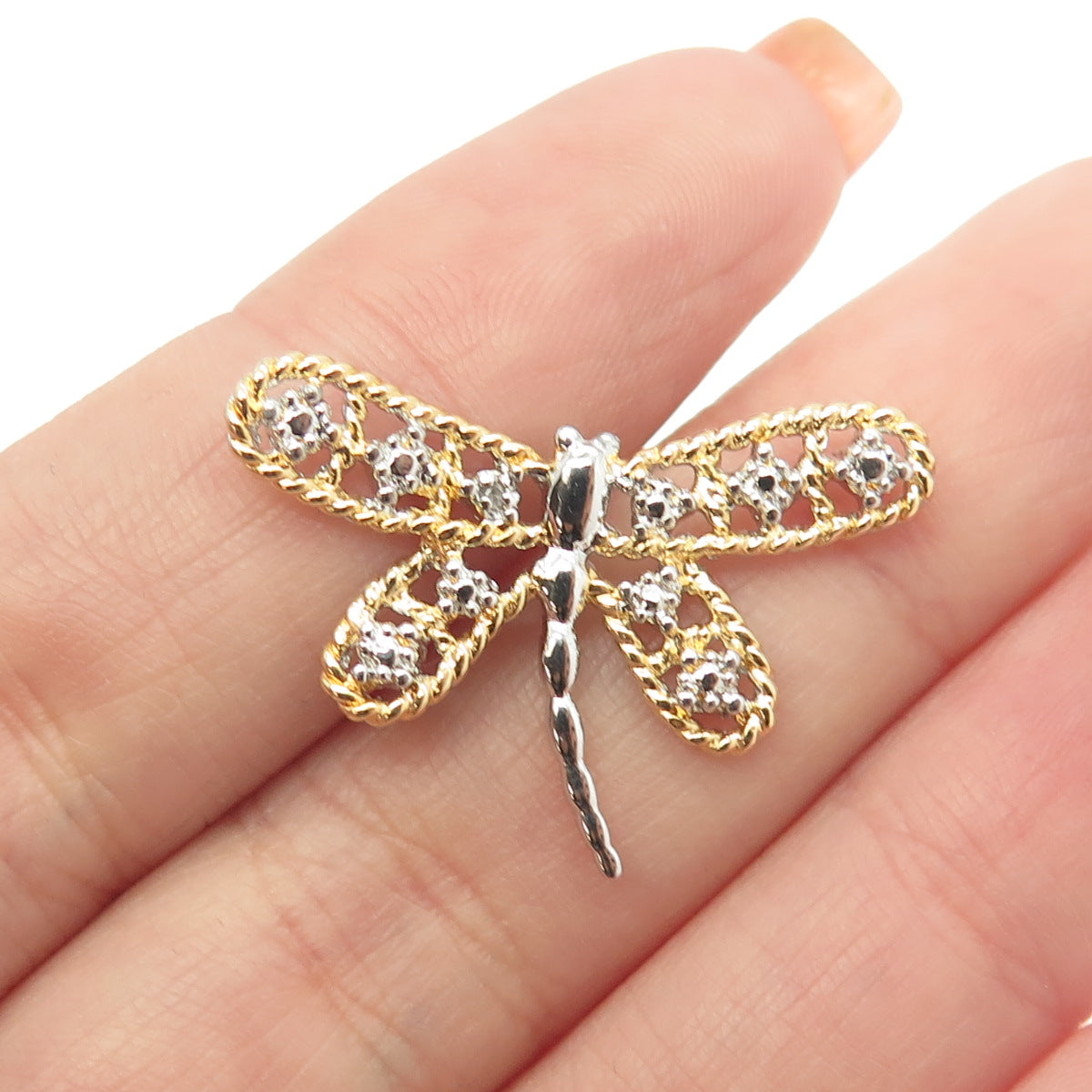 HAN 925 Sterling Silver 2-Tone Real Diamond Accent Dragonfly Pendant