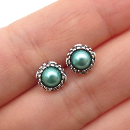 925 Sterling Silver Faux Pearl Oxidized Stud Earrings