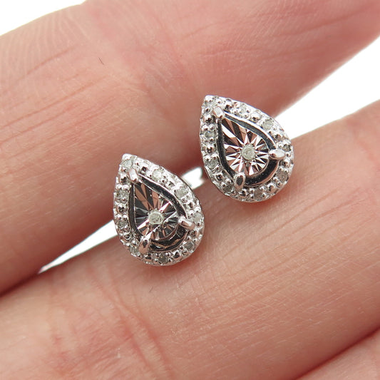 925 Sterling Silver Real Round-Cut Diamond Teardrop Stud Earrings