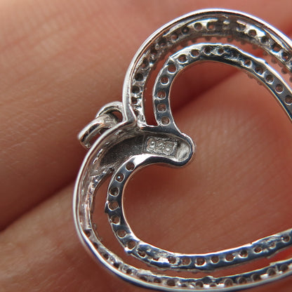 925 Sterling Silver Real Round-Cut Diamond Double Heart Charm Pendant